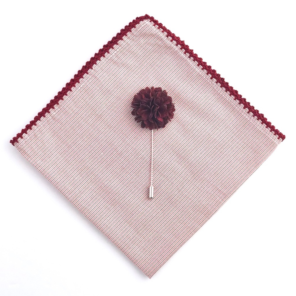 Red Pinstripe Crocheted Pocket Square & Lapel Flower Set